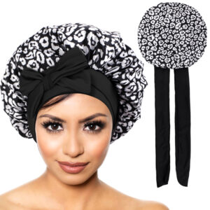 LUKSUSOWA CZAPKA DO SPANIA NOCNA NA WŁOSY DLA KOBIETY W KWIATY - TURKUSOWY NIEBIESKI - WIĄZANY CZEPEK SATYNA Z DODATKIEM JEDWABIU MIĘKKI MIŁY W DOTYKU WYSOKA JAKOŚĆ ⭐⭐⭐⭐⭐