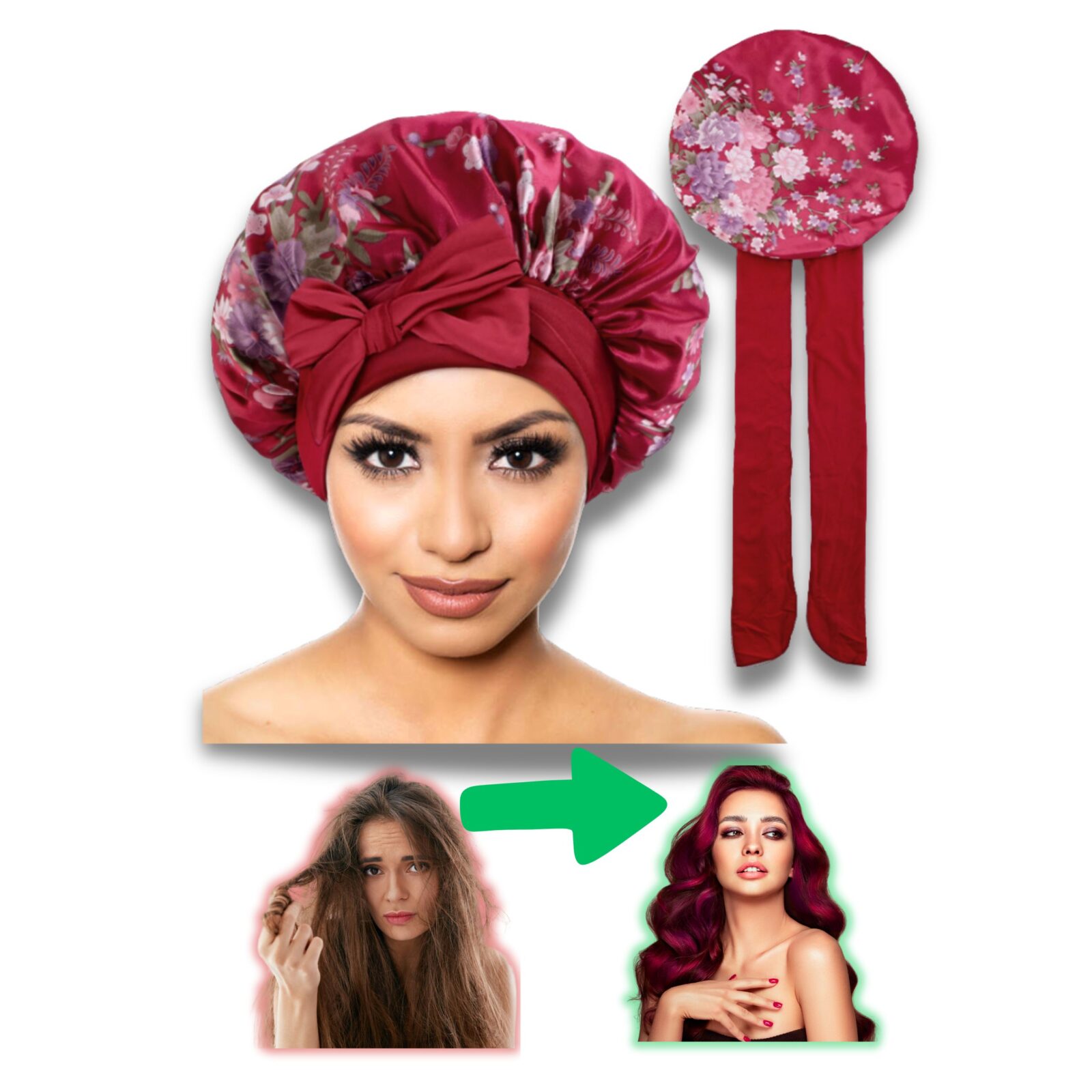 LUKSUSOWA CZAPKA DO SPANIA NOCNA NA WŁOSY DLA KOBIETY W KWIATY - TURKUSOWY NIEBIESKI - WIĄZANY CZEPEK SATYNA Z DODATKIEM JEDWABIU MIĘKKI MIŁY W DOTYKU WYSOKA JAKOŚĆ ⭐⭐⭐⭐⭐